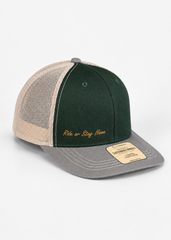Ride or Stay Home Unisex Trucker Cap - Tactical Grün/Grau – Produktansicht ohne Model