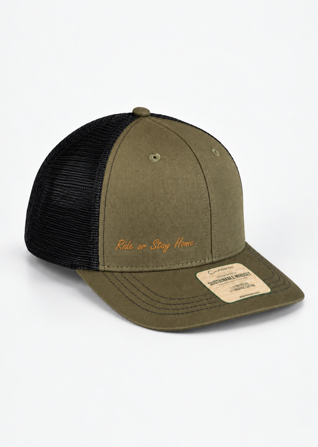 Ride or Stay Home Unisex Trucker Cap - Tactical Olive/Schwarz – Produktansicht ohne Model