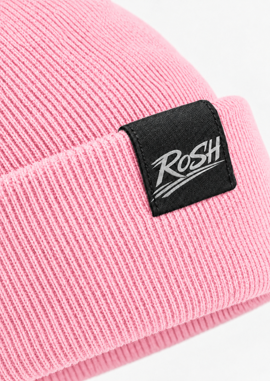 Ride or Stay Home Beanie Pastel Pink – Detailansicht des RoSH-Webetiketts