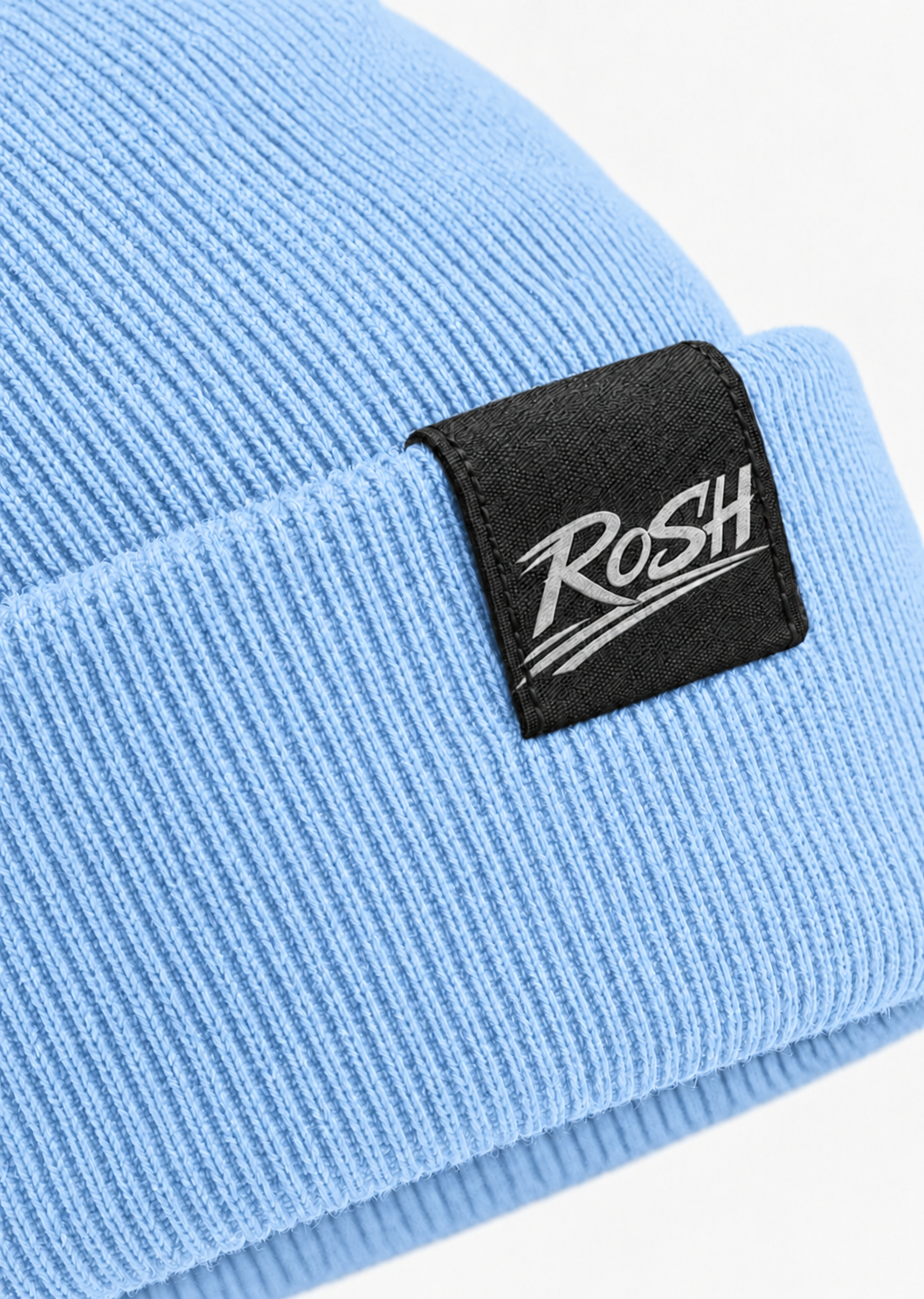 Ride or Stay Home Beanie Sky Blue – Detailansicht des RoSH-Webetiketts
