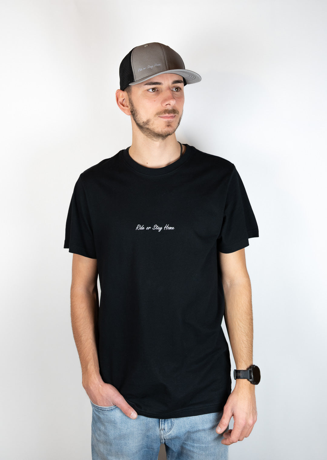 Ride or Stay Home Unisex Trucker Cap Classic Grau – Produktansicht 2