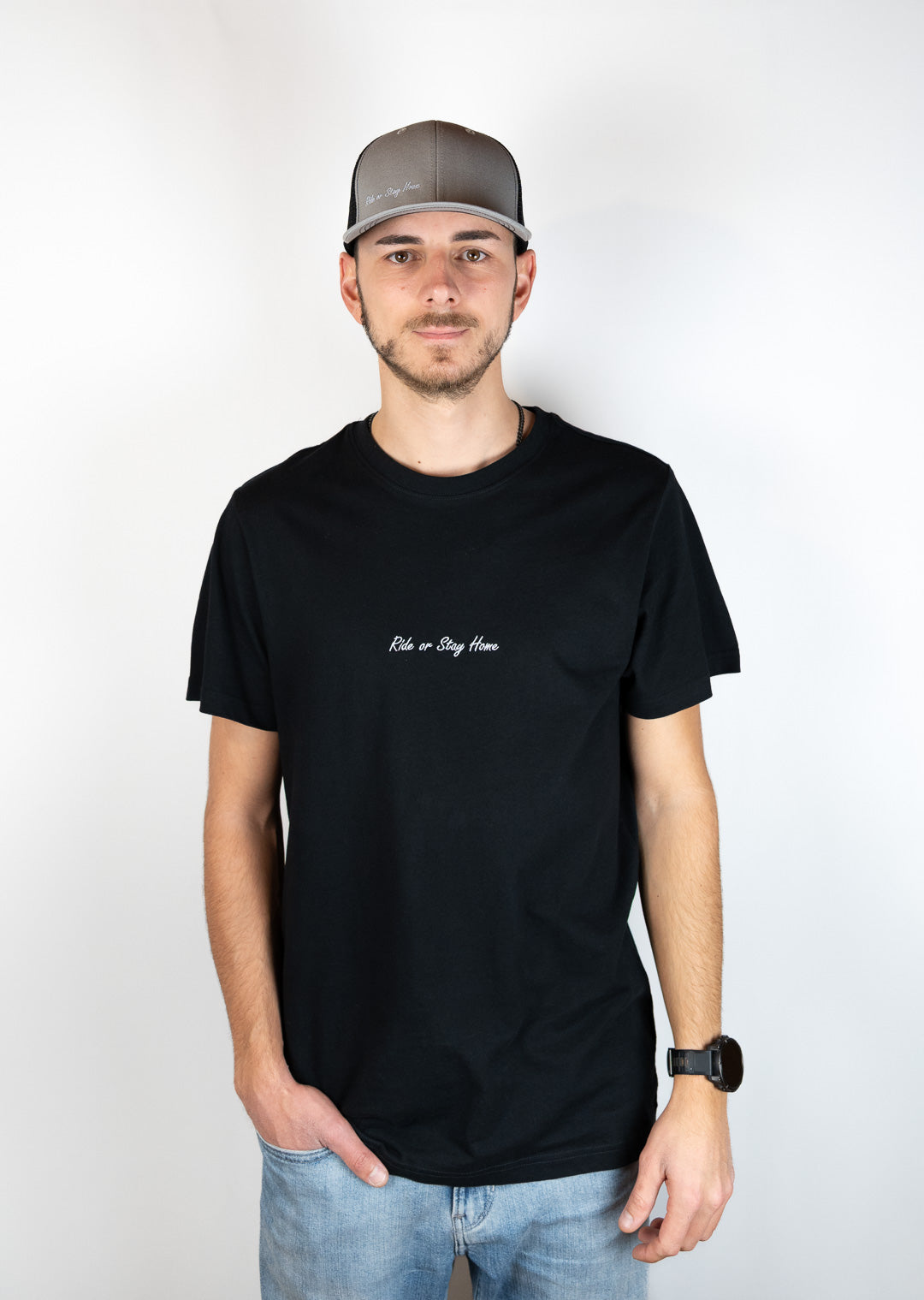 Ride or Stay Home Unisex Trucker Cap Classic Grau – Produktansicht 3