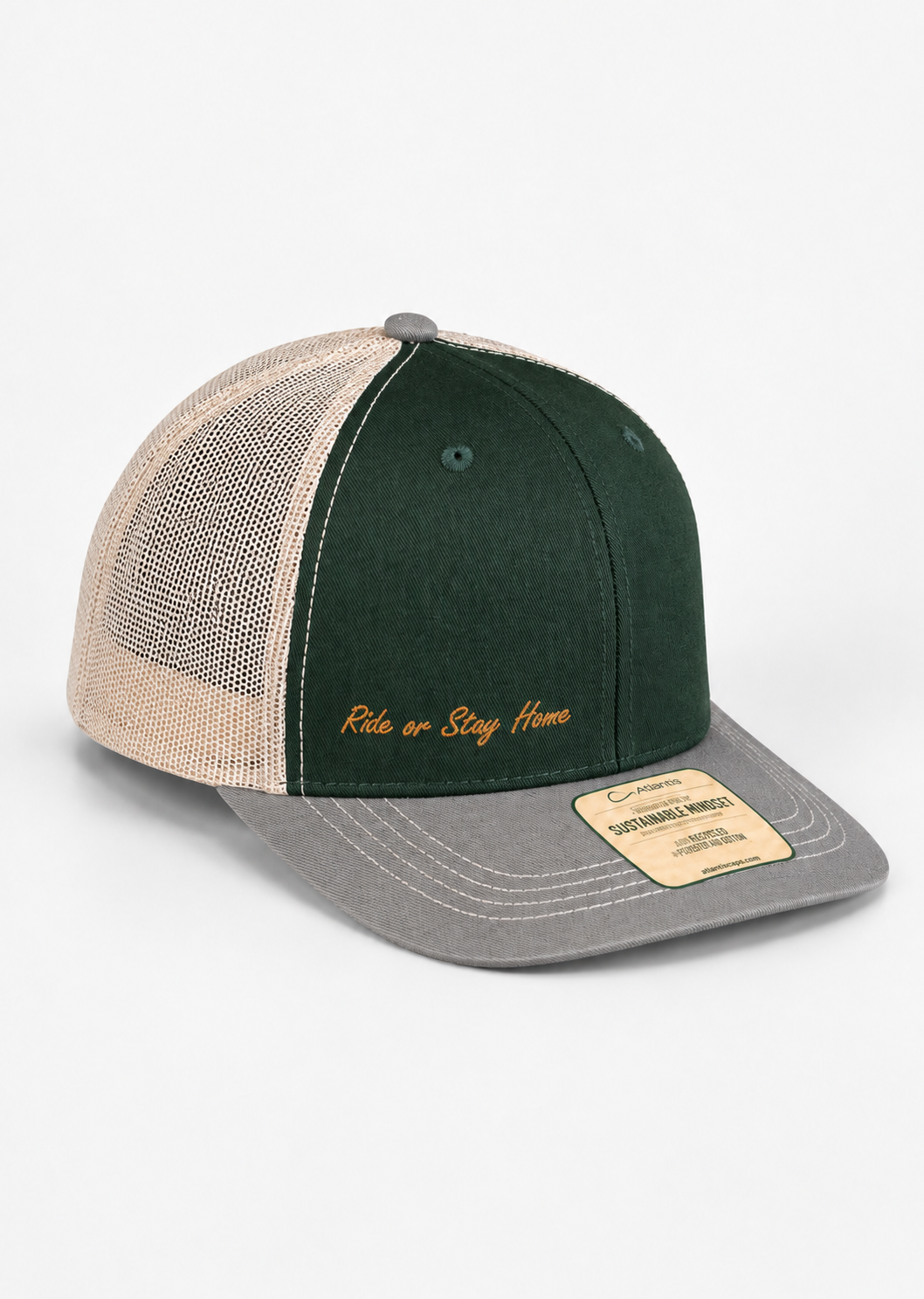 Ride or Stay Home Unisex Trucker Cap - Tactical Grün/Grau – Produktansicht ohne Model